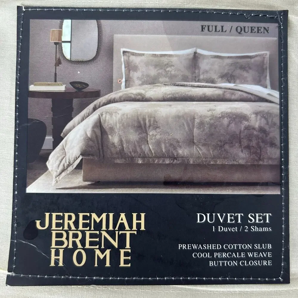 Jeremiah Brent Home Full Queen Duvet Set Cotton Slub Percale Neutral Floral